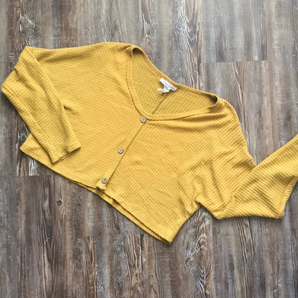Caution To The Wind Tops - yellow Waffle Knit Crop Long Sleeve Thermal Top